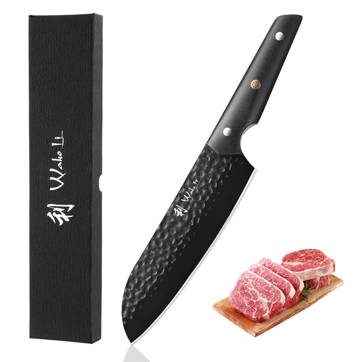 Wakoli Yugen Santokumesser 18 cm | Küchenmesser aus Edelstahl mit G10-Griff | Mattschwarze Titanbesc