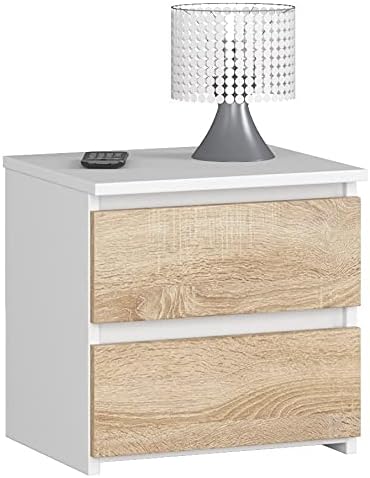 AKORD Nachttisch in minimalistischer Optik, mit 2 Schubladen, B40 x H40 x T35 cm Weiss / Sonoma-eich