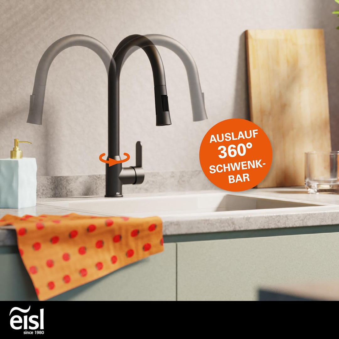 EISL Adria Wasserhahn Küche schwarz ausziehbar, Spültischarmatur schwarz 360°, Küchenarmatur mit hoh