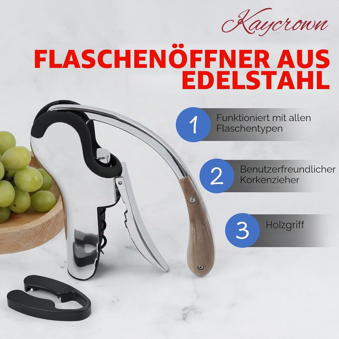 KAYCROWN Weinflaschenöffner aus Edelstahl, vertikaler Hebel-Korkenzieher mit integriertem Folienschn