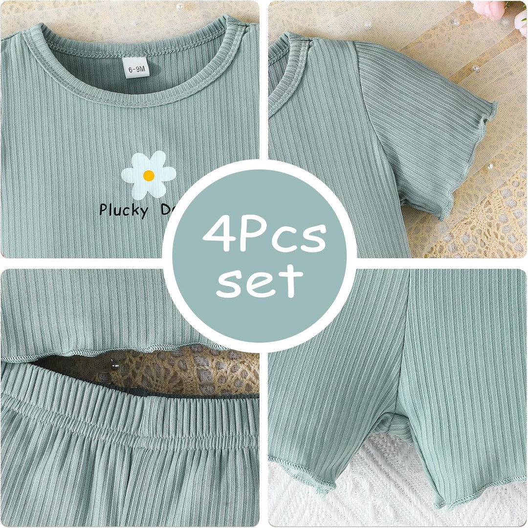 Kleinkind Baby Mädchen kleidung Set Rüschen Gerippte Kurzarm/Langarm T-Shirt Tops + Shorts Hosen 4Pc