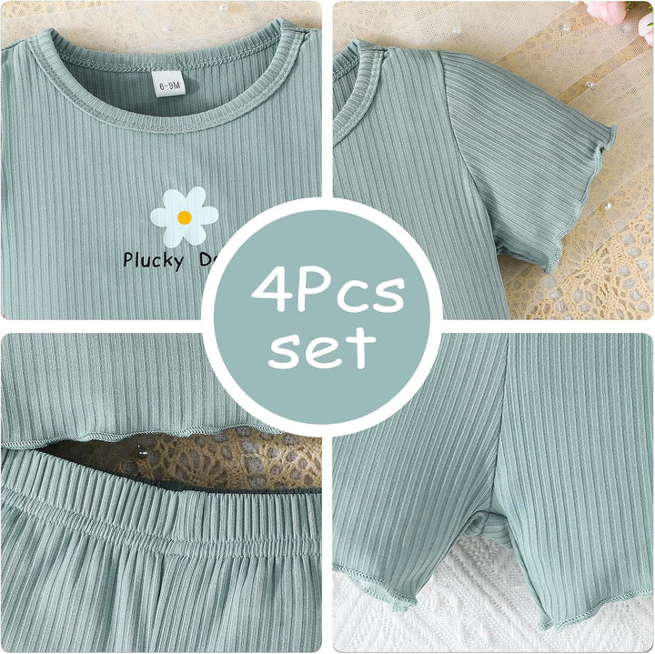 Kleinkind Baby Mädchen kleidung Set Rüschen Gerippte Kurzarm/Langarm T-Shirt Tops + Shorts Hosen 4Pc