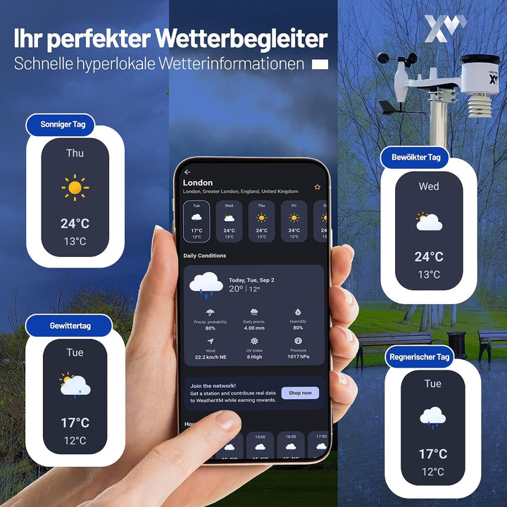 D1 WLAN-Wetterstation mit Farb-Touchscreen, 7 Messwerte