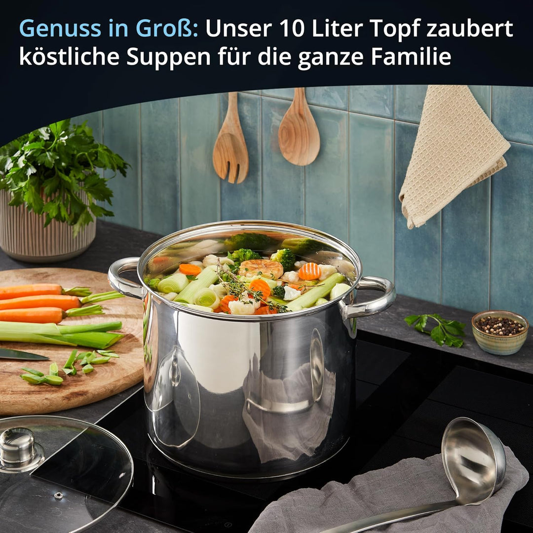 KHG Topf Kochtopf 26 cm, 10 Liter Induktion, Edelstahl unbeschichtet inkl. Glasdeckel | XXL Suppento