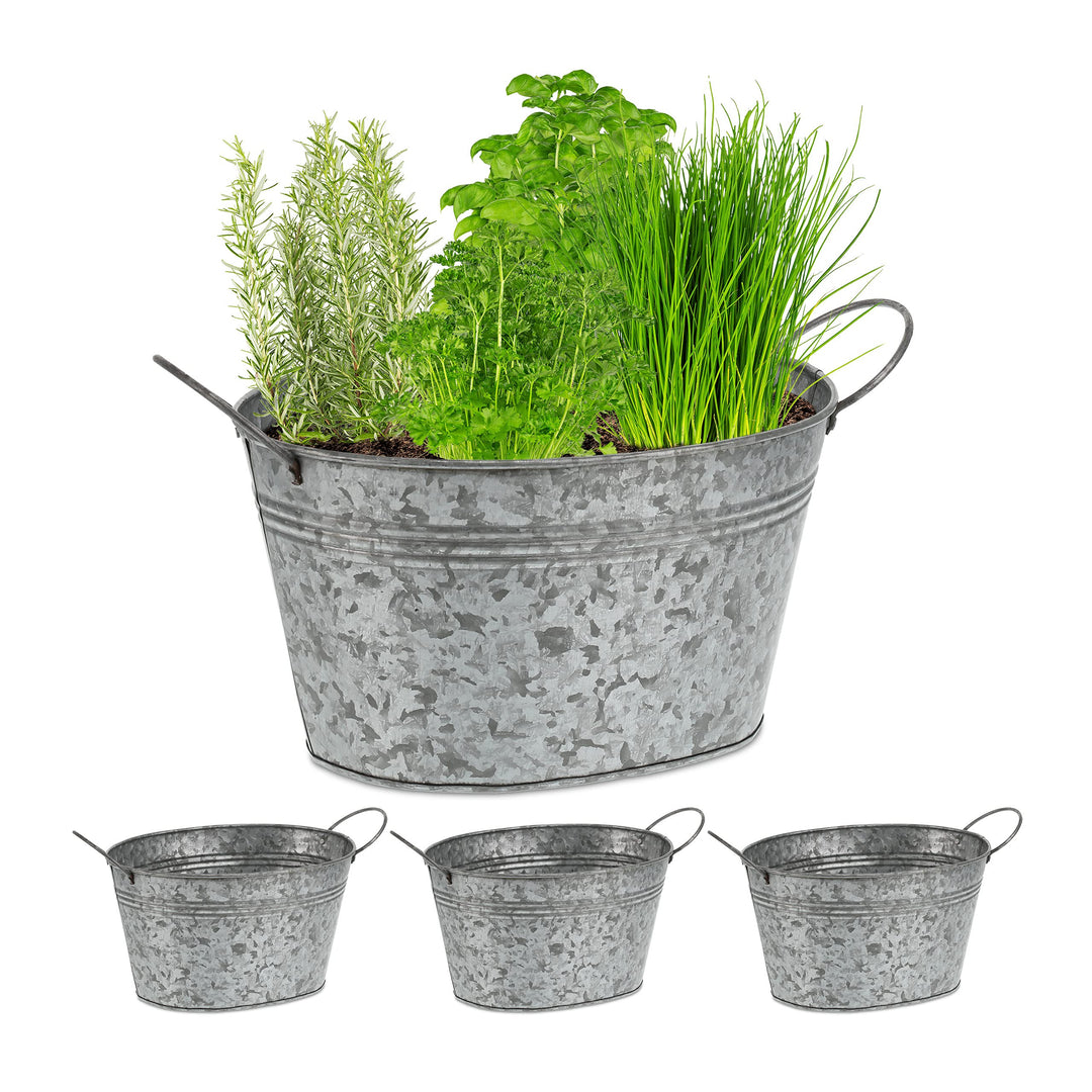 Relaxdays Zinkwanne 4er Set, verzinkte Blechwanne für Garten, ovale Kübel, Dekowannen, HxBxT: 15,5x2