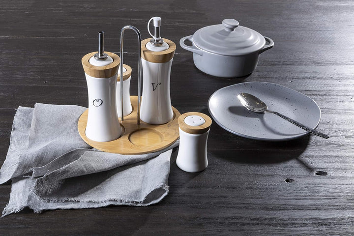 4pc Gewürzset, Öl, Easig, Salz, Pfeffer, Bambus, Keramik