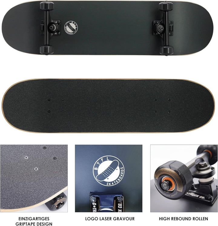 Komplett Skateboard von BTFL, ABEC 9 Kugellager, kanadischer Ahorn + Cooles Griptape, 8.125“ Board f