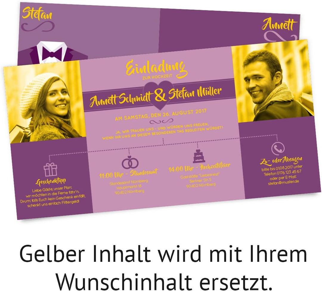 Hochzeitseinladungen (30 Stück) - Braut und Bräutigam Altarfalz - Hochzeitskarten in Lila