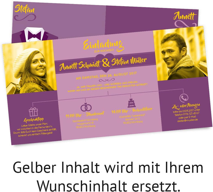 Hochzeitseinladungen (30 Stück) - Braut und Bräutigam Altarfalz - Hochzeitskarten in Lila