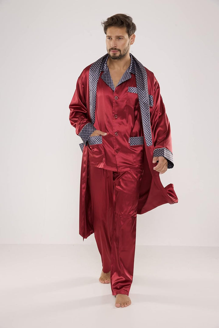 FOREX Lingerie edler und hochwertiger Satin-Bademantel Herren-Mantel im tollen Design 3XL Bordeaux,