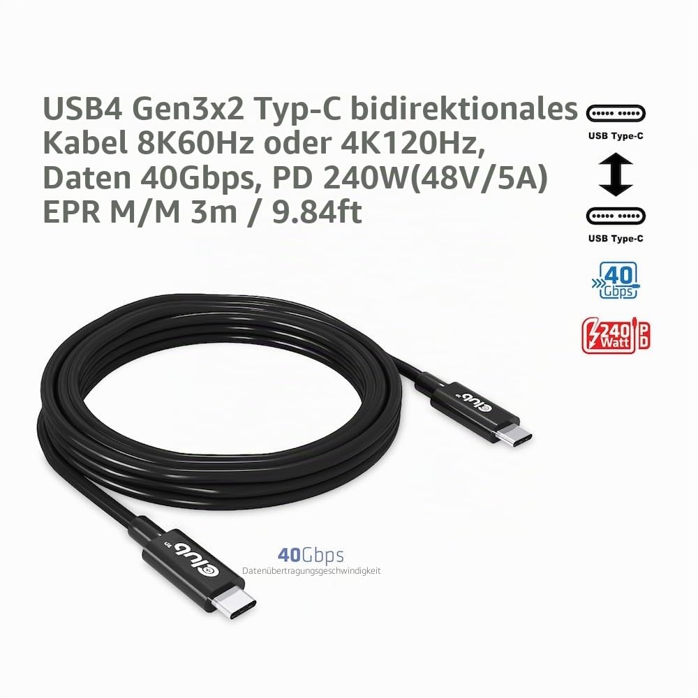 Club3D CAC-1579 USB4 Gen3x2 Type-C Bi-Direktionale Kabel 8K60Hz oder 4K120Hz, Data 40Gbps, PD 240W(4