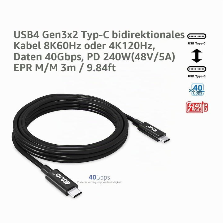 Club3D CAC-1579 USB4 Gen3x2 Type-C Bi-Direktionale Kabel 8K60Hz oder 4K120Hz, Data 40Gbps, PD 240W(4