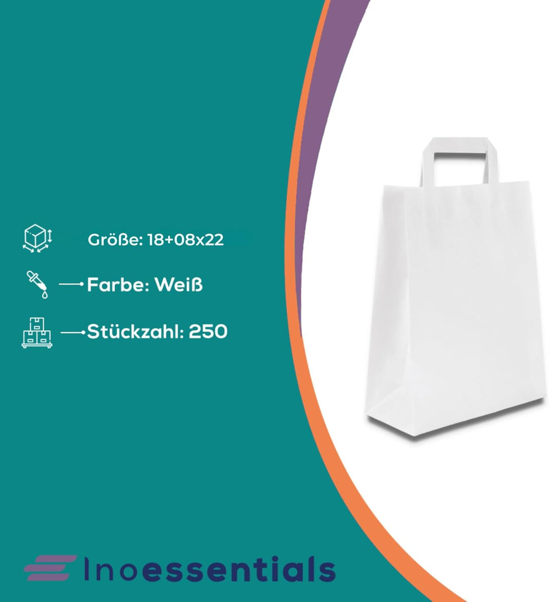 Inoverse 250 Stück Papiertragetaschen, Geschenktüten, 18+08x22 cm Papiertüten mit Henkel, Weiss Kraf