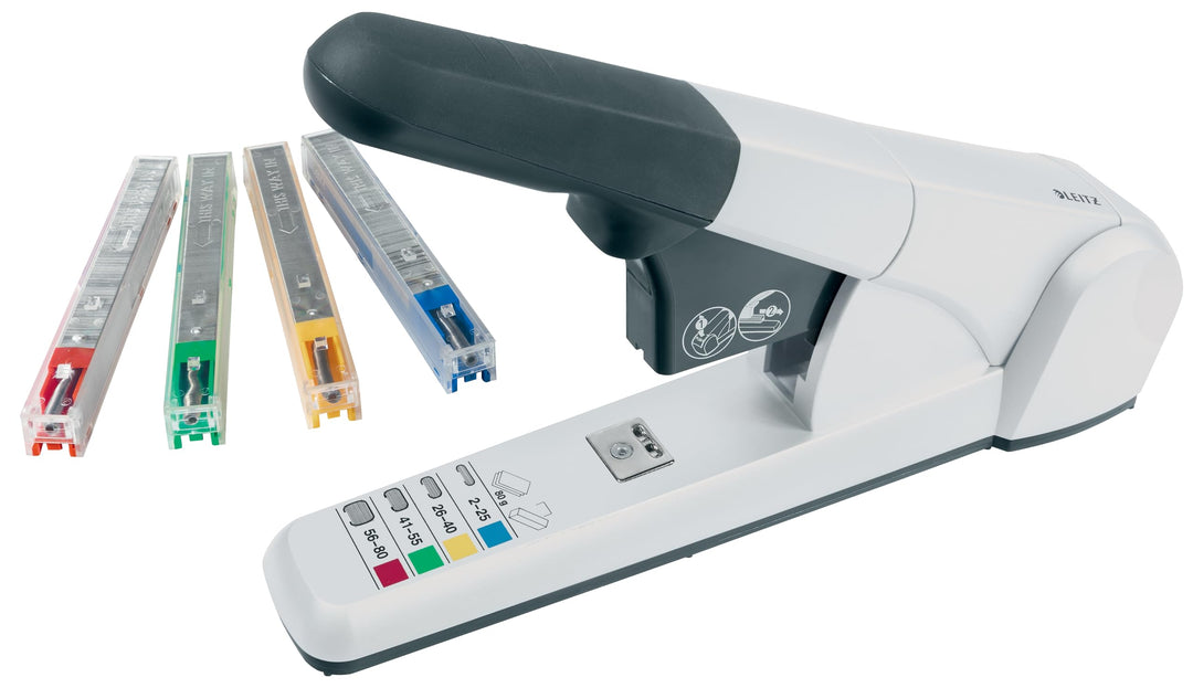 Leitz Block-Heftgerät, Für 80 Blatt, Inkl. 4 Heftklammerkassetten, Ergonomisches Design, Silber, 555