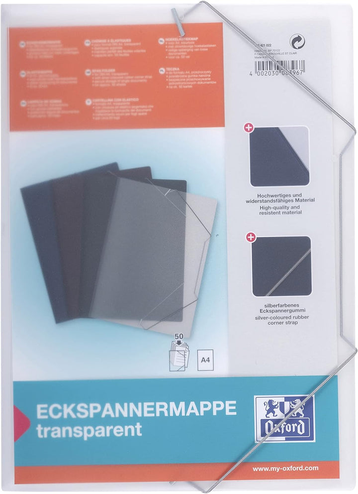 Oxford Eckspanner A4, aus Kunststoff, farblos, transparent, 10 Stück farblos transluzent Eckspanner