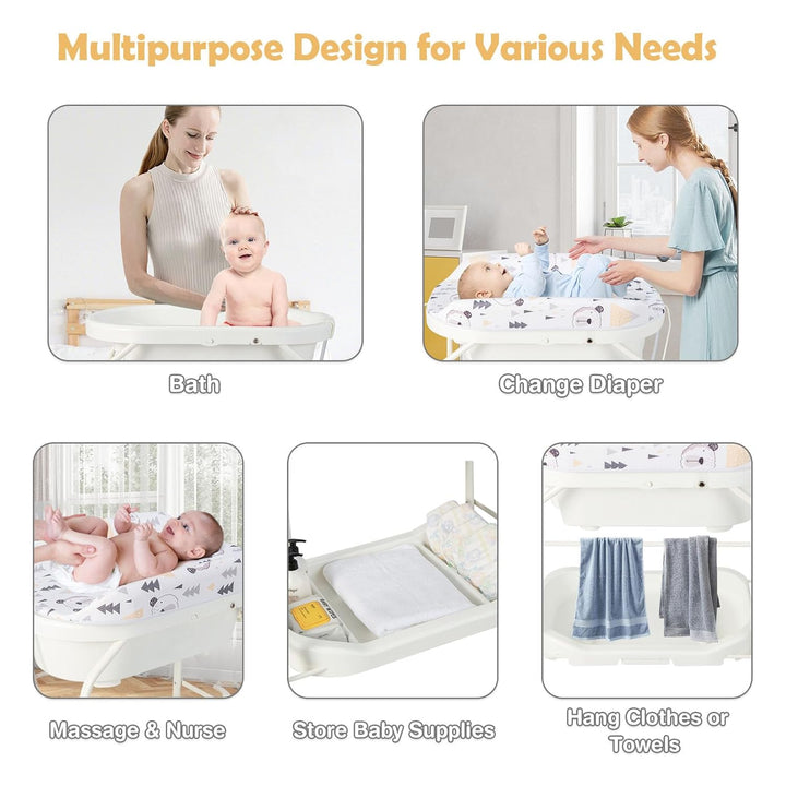 LIFEZEAL Wickeltisch mit Badewanne, 2 in 1 Flatbare Bade-Wickelkombination auf Räder, Badewannenaufs