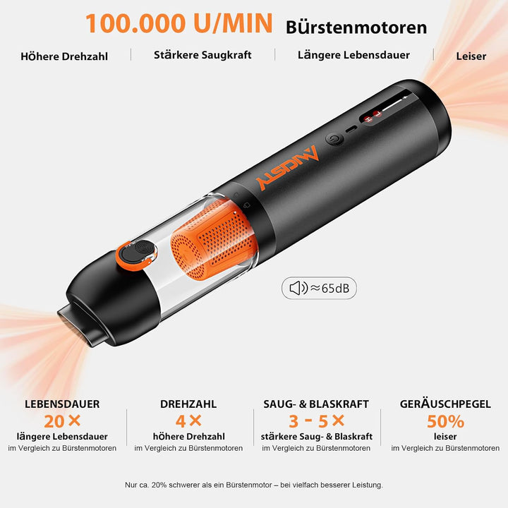 Handstaubsauger Akku 30000Pa, 4-in-1 Akku-Autostaubsauger Bürstenloser Motor, Auto Staubsauger Stark