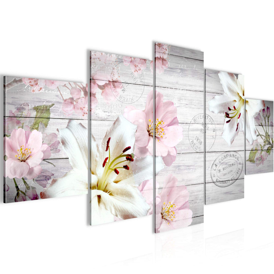 Runa Art Wandbilder Blumen Lilien 5 Teilig Bild auf Vlies Leinwand Deko Wohnzimmer Holz Vintage Grau