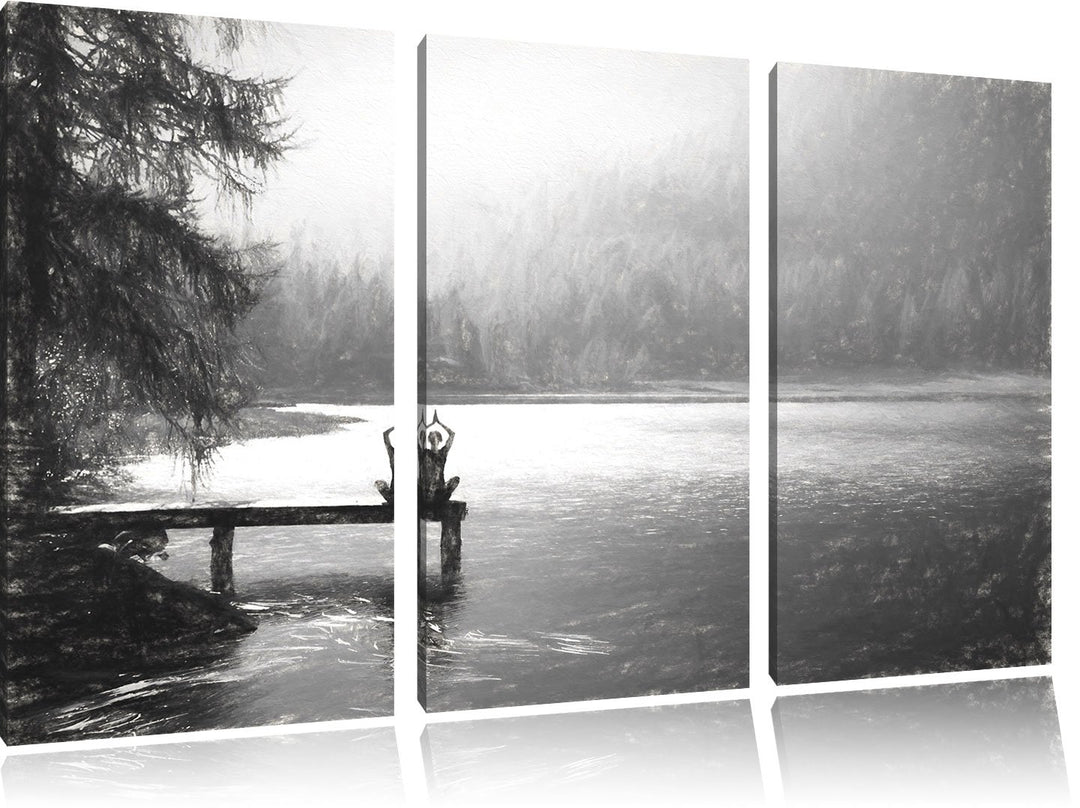 Pixxprint Yoga am See Kunst / 3-Teilig/Gesamtmass 120cm Leinwandbild bespannt auf Holzrahmen/Wandbil