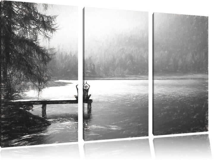 Pixxprint Yoga am See Kunst / 3-Teilig/Gesamtmass 120cm Leinwandbild bespannt auf Holzrahmen/Wandbil