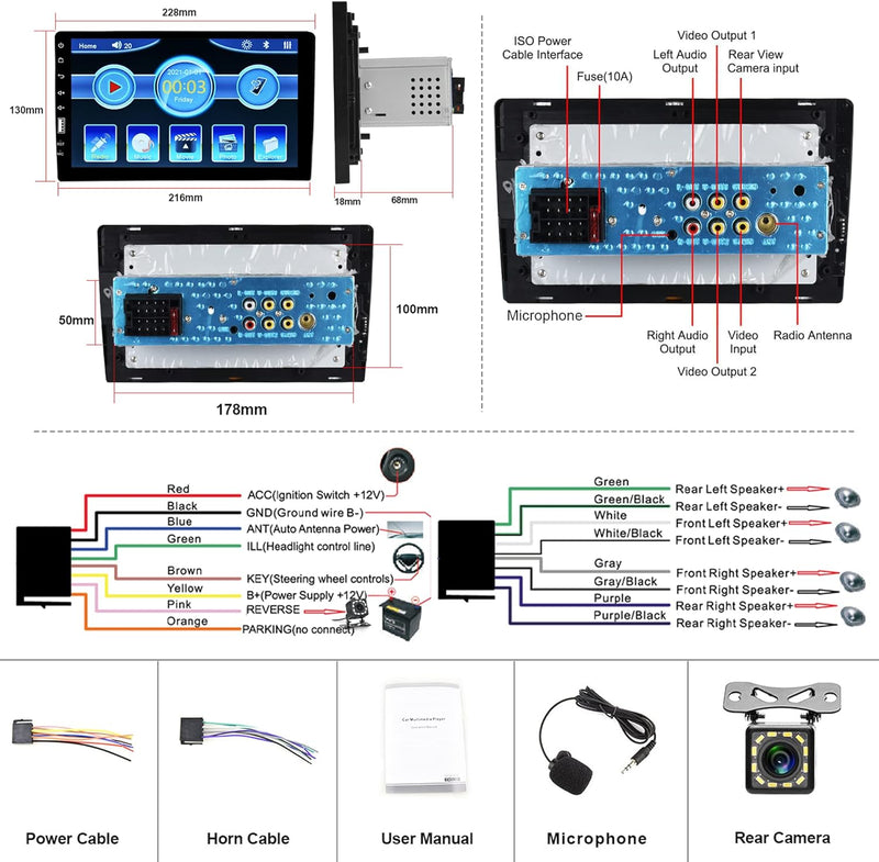 Autoradio 1 Din mit Bluetooth Freisprecheinrichtung IOS/Android Mirror Link 9 Zoll Touchscreen, mit