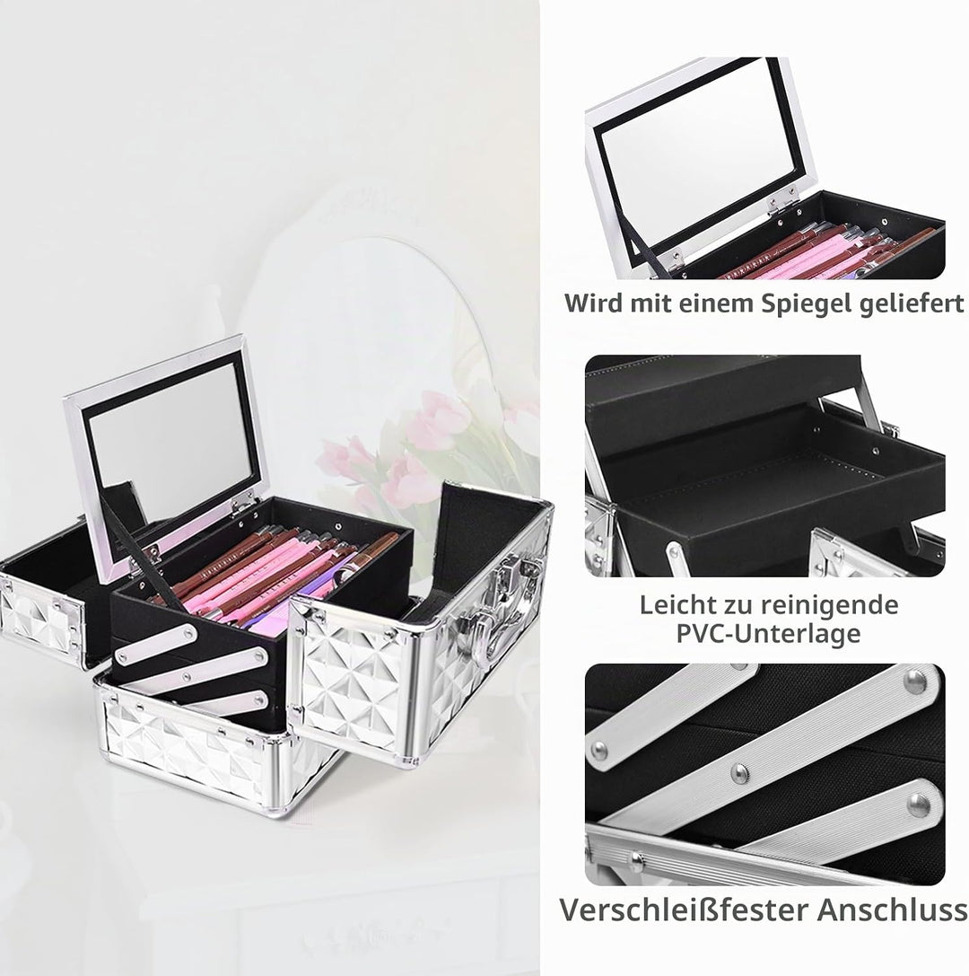HOMASIS Kosmetikkoffer mit Spiegel, Mini Schminkkoffer mit 3 Ebenen, tragbarer Beauty Case mit Griff