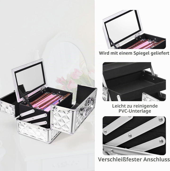 HOMASIS Kosmetikkoffer mit Spiegel, Mini Schminkkoffer mit 3 Ebenen, tragbarer Beauty Case mit Griff