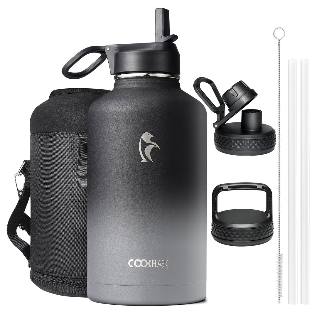 Coolflask Isolierte Wasserflasche 2L mit Strohhalm & 3 Deckeln, Isolierte Wasserflasche aus Edelstah