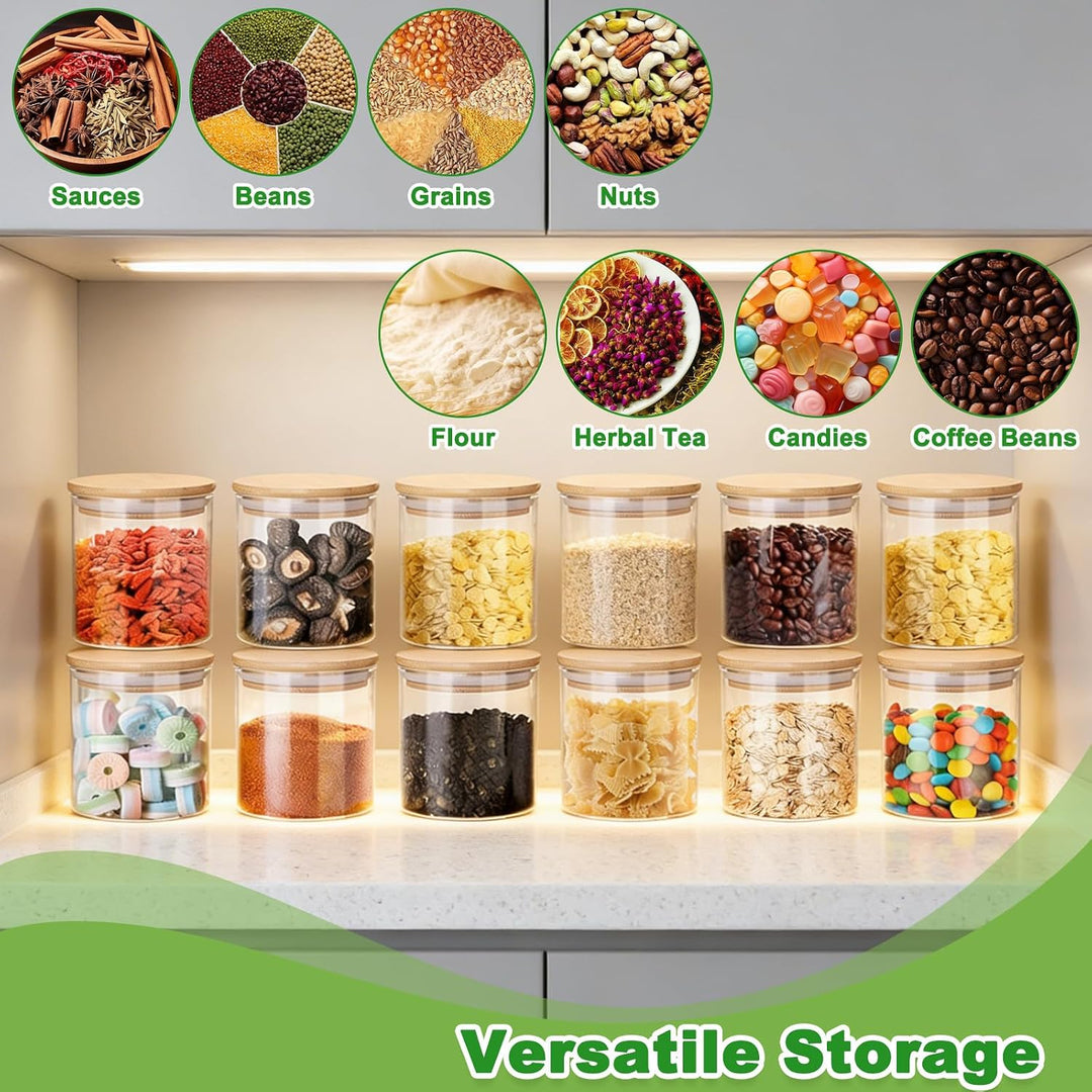 12Pcs Gewürzgläser Rund mit Bambus Deckel &amp; Etikette, 250ml Glas Vorratsgläser Aufbewahrungsgläser,