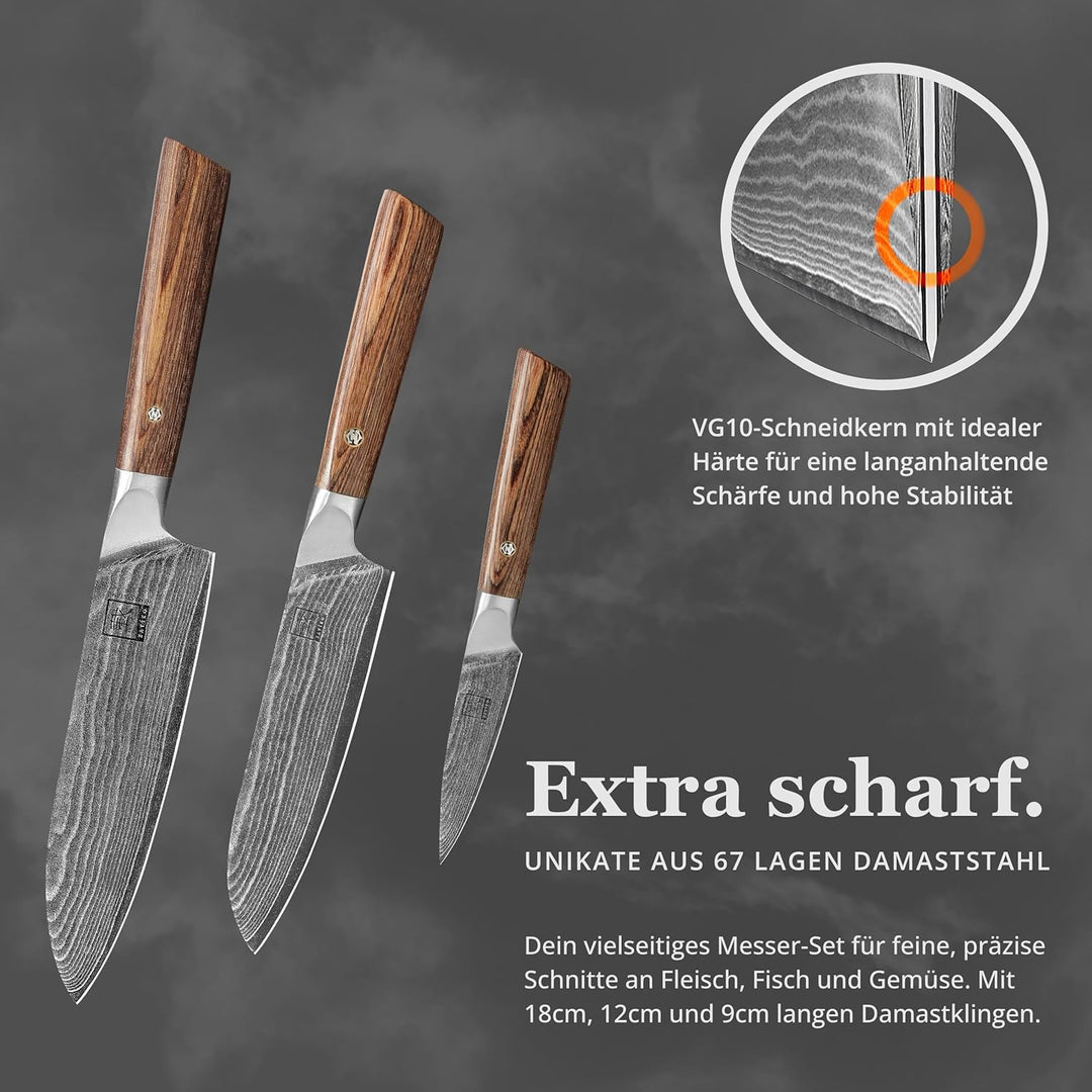 zayiko Kasshoku 3er Damastmesser Set mit Klingen von 9 bis 18 cm Länge, gefertigt aus 67 Lagen japan