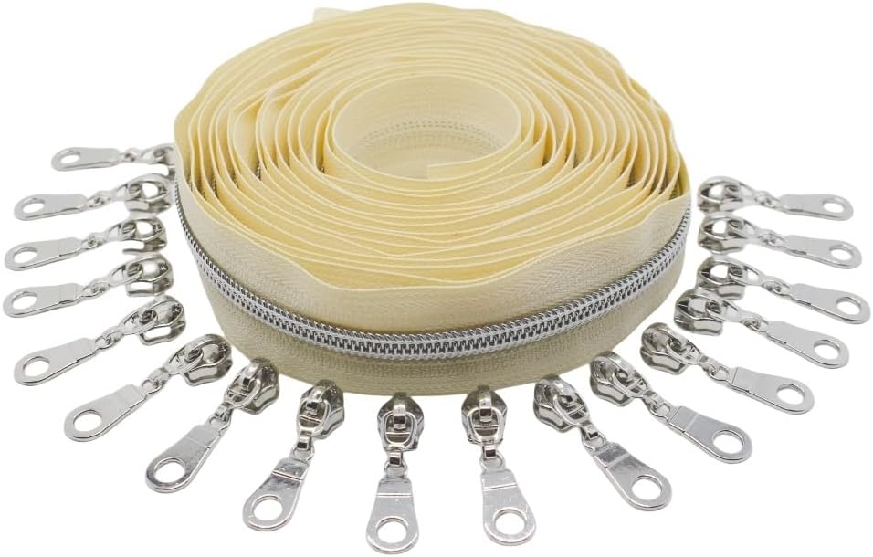 YaHoGa 9 m silberfarben endlos Reissverschluss Meterware Beige Reissverschluss 6mm-Spirale + 25 Nonl
