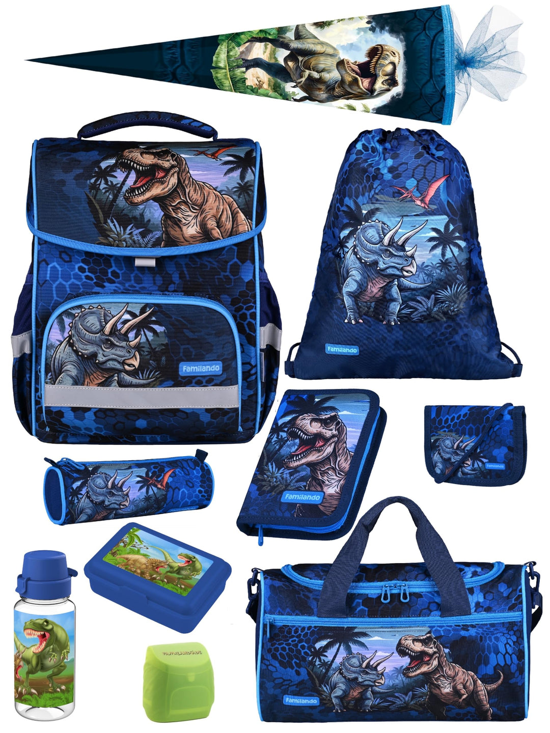 Familando - Basic-Plus Schulranzen Set - 10-teilig mit Schultüte - T-REX Dino - Ergonomisch, stabil