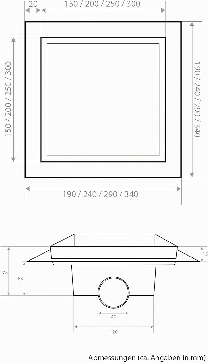 VILSTEIN© Duschrinne, Quadrat, Befliesbar, 15x15 cm, Siphon mit Geruchsstop und Haarsieb, Quadratisc
