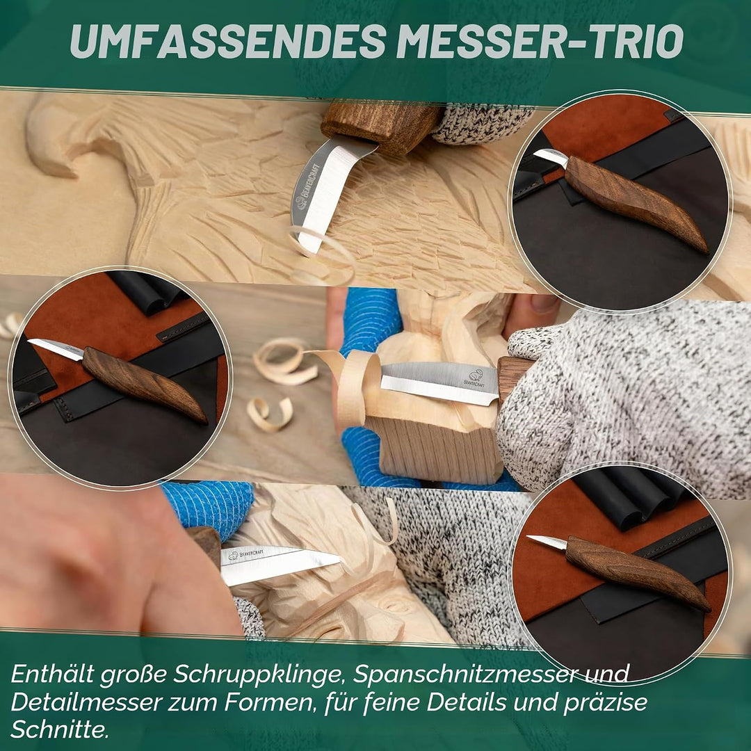 BeaverCraft Deluxe S15X Holzschnitzmesser-Set mit Ledertasche – Holzschnitz-Set Premium-Holzschnitzw