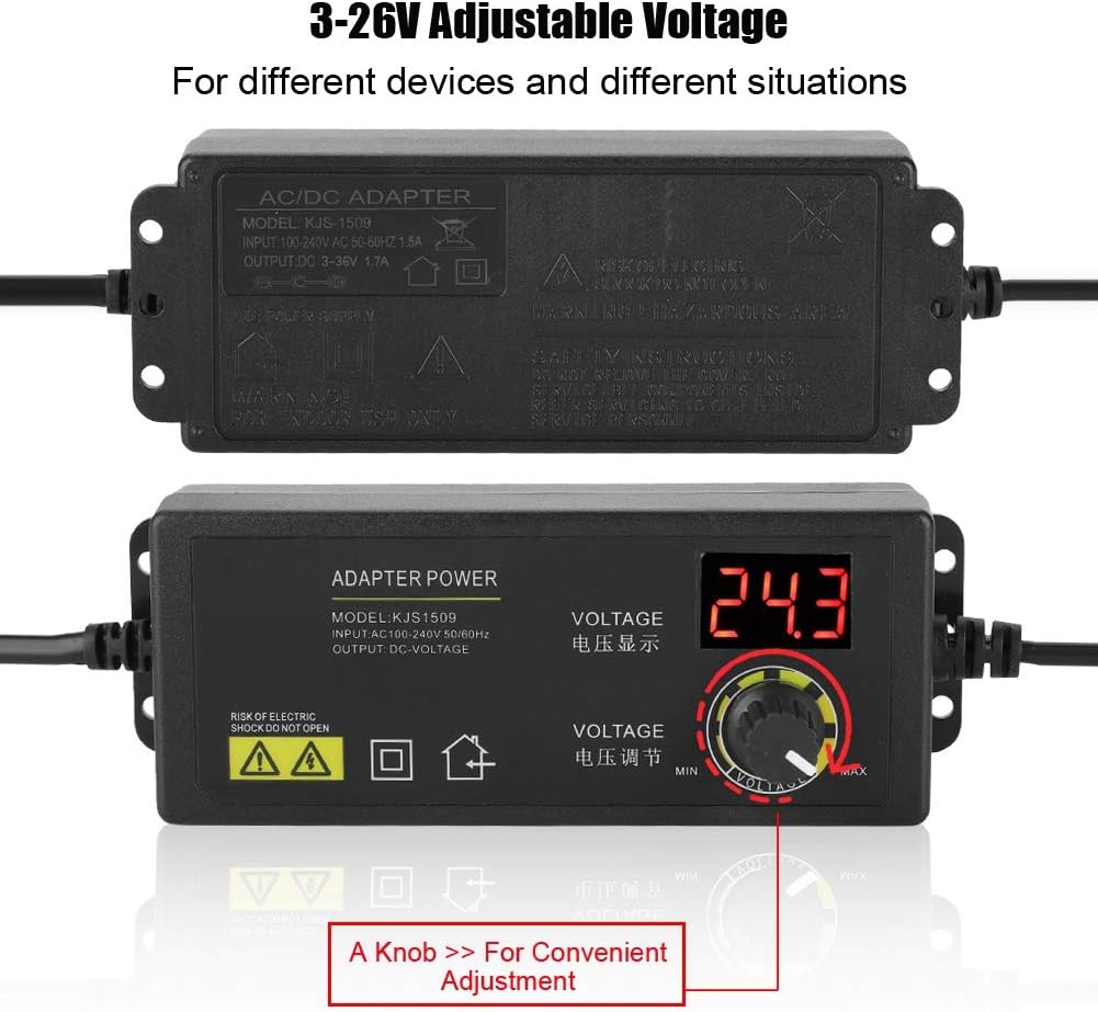 3-36V Einstellbares Netzteil, LED AC DC Adapter, Universal Anti-Interferenz SCHWARZ Netzteil 60W 1,7