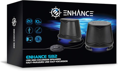 ENHANCE SB2-Computer Lautsprecher, PC Lautsprecher mit Blauem LED-Glimmlicht und 2.0 USB-Stromversor