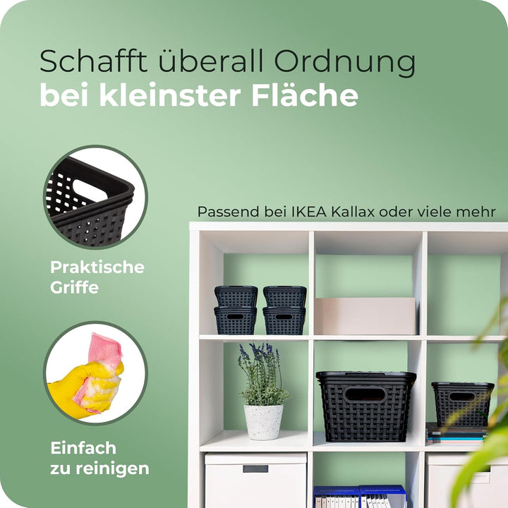 Novaliv 6x Aufbewahrungskorb in Rattan-Optik ohne Deckel | Schwarz Kunststoff 5L Nestbar Storage box
