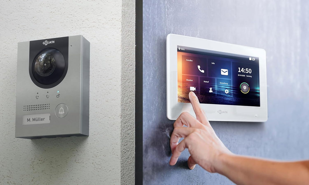 GOLIATH Full-HD Video Türsprechanlage, Aufputz Türstation in Silber, 1 Familienhaus Set, 2X Touchscr
