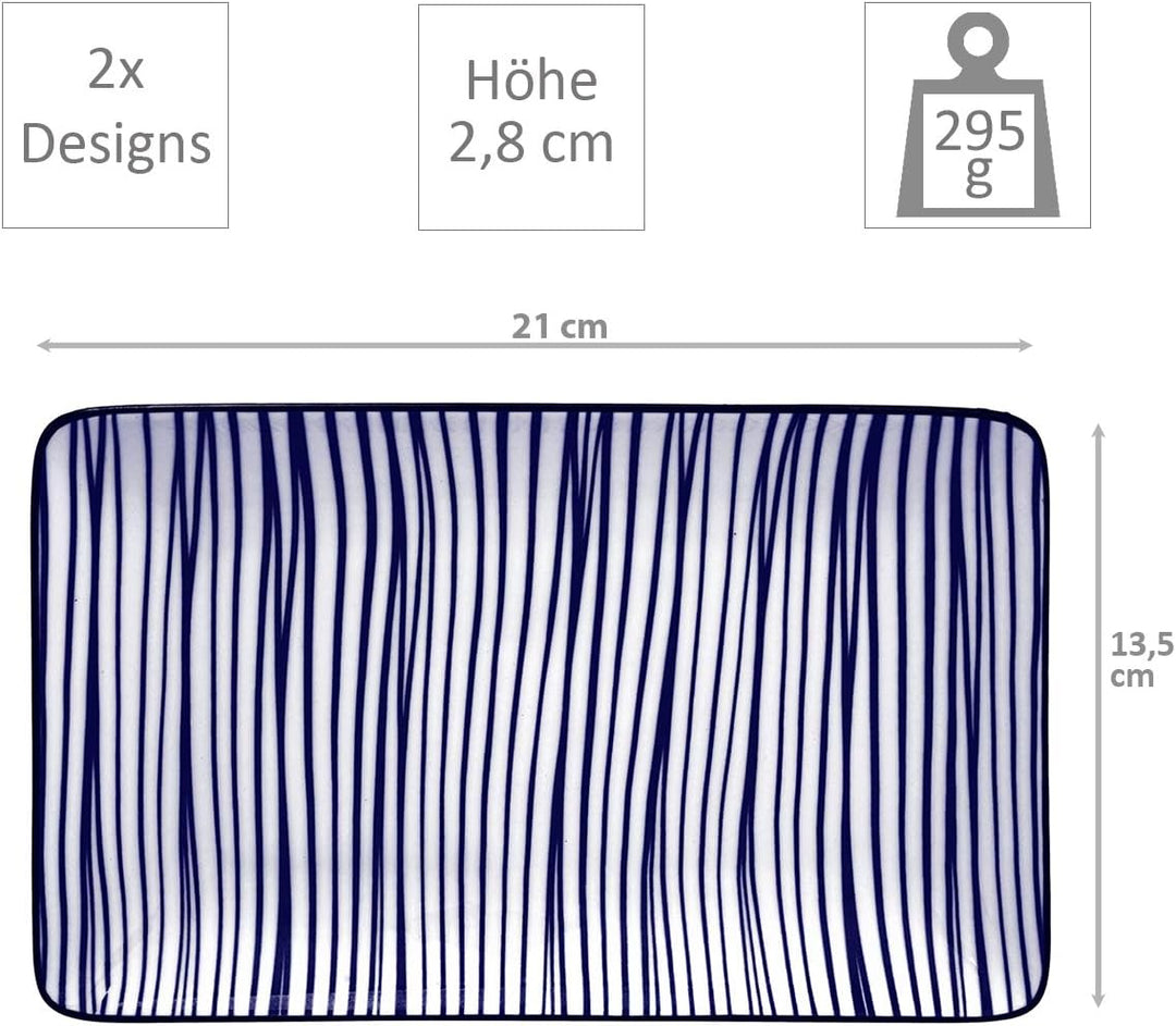 Nippon Blue Sushi Plate w/Giftbox mit Chop 4pcs 21x13.5 & 9.5x3cm Lines/Dots