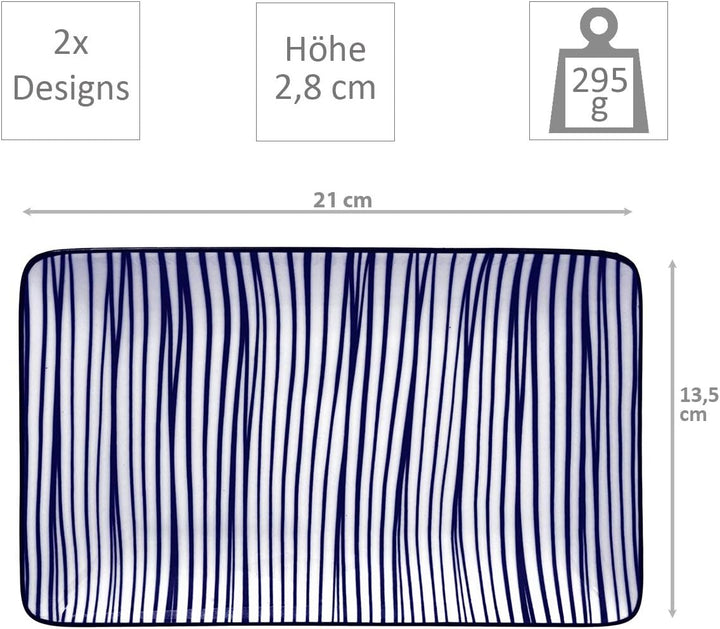 Nippon Blue Sushi Plate w/Giftbox mit Chop 4pcs 21x13.5 & 9.5x3cm Lines/Dots