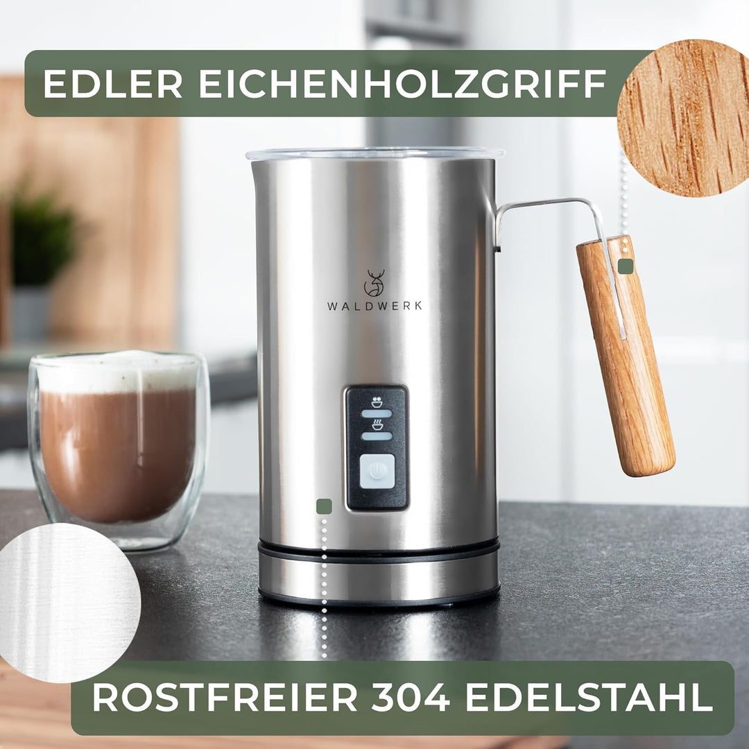 WALDWERK Milchaufschäumer aus 304 Edelstahl und Eichenholz - Milchaufschäumer elektrisch für perfekt