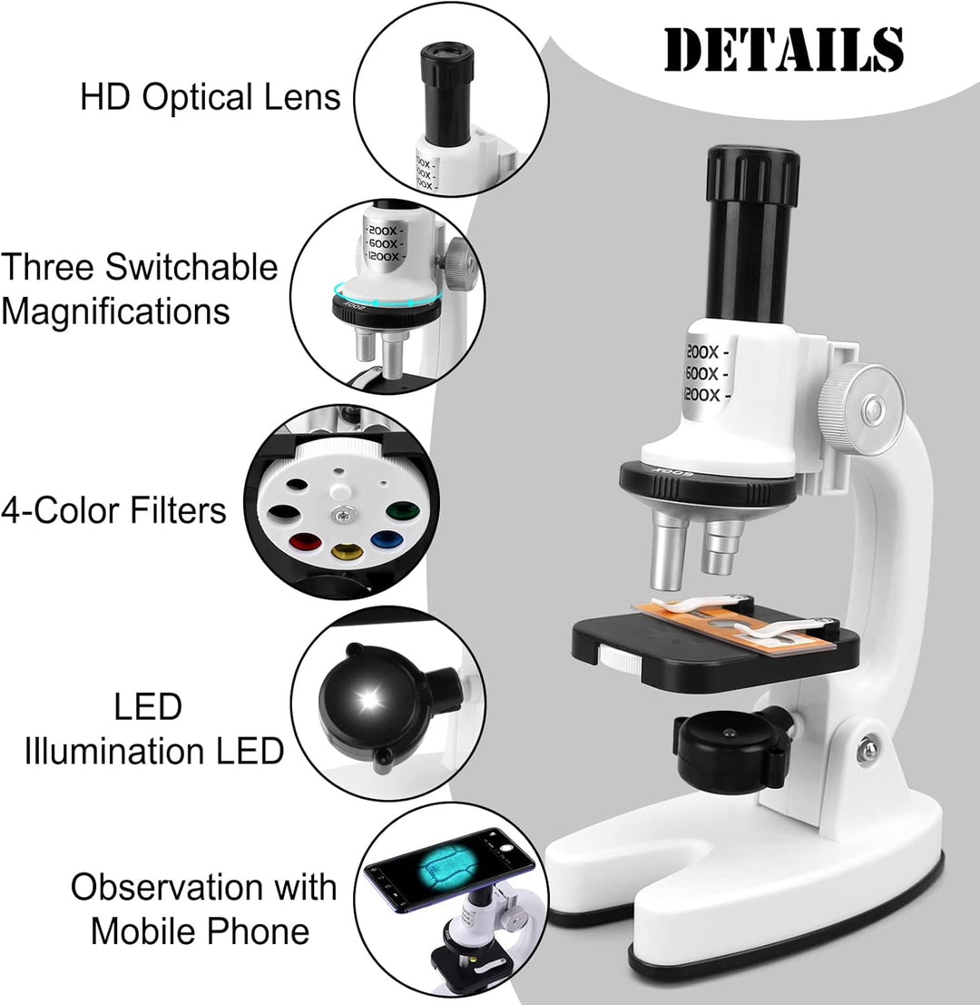 deAO Kinder-Mikroskop, Junior Einsteiger Mikroskop mit LED-Beleuchtung und Farbfilter mit 3-facher V