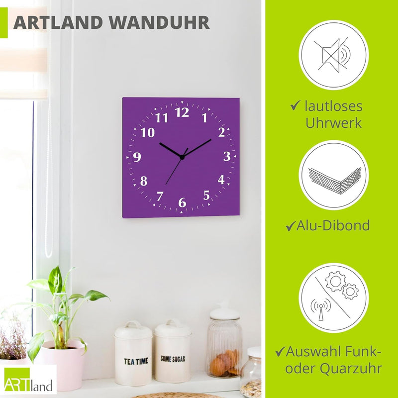 ARTLAND Wanduhr ohne Tickgeräusche Alu Funkuhr 30x30 cm Quadratisch Lautlos 12 Ziffern Farbig Schlic