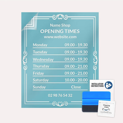 Öffnungszeiten Aufkleber, Schaufenster, personalisierbar, Design 3, Design 3