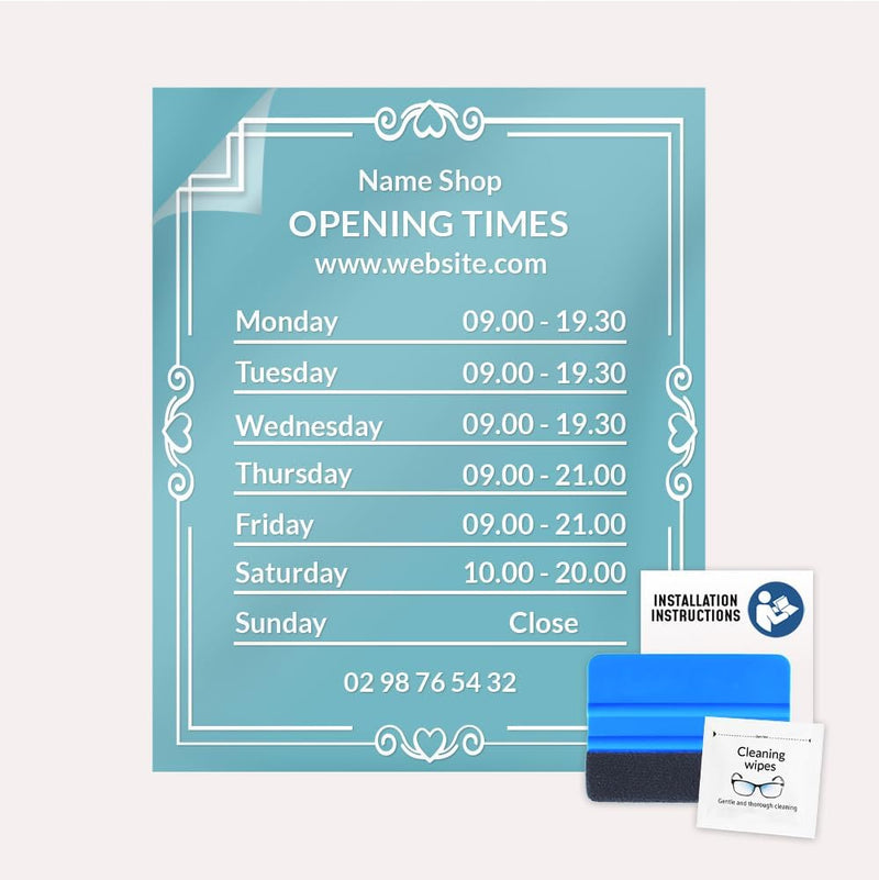 Öffnungszeiten Aufkleber, Schaufenster, personalisierbar, Design 3, Design 3