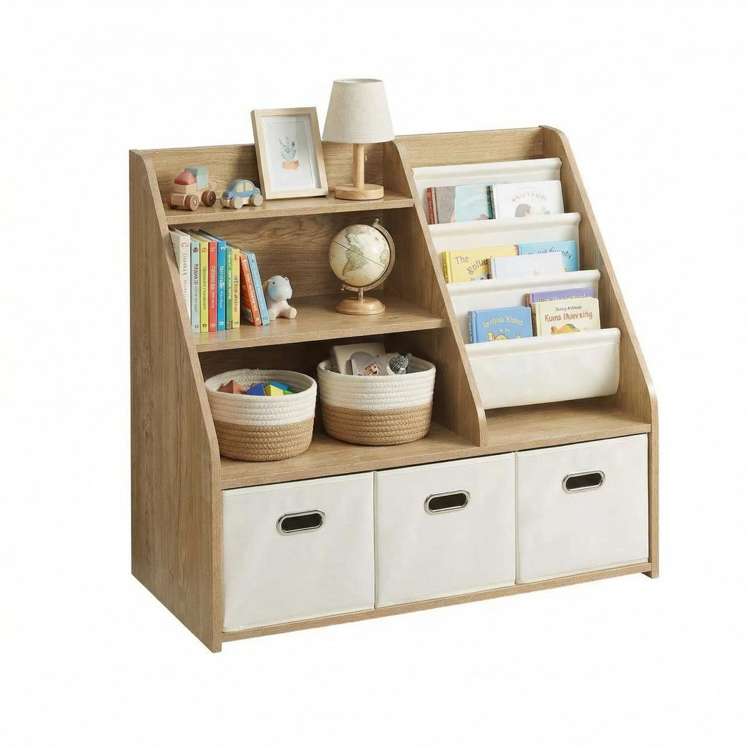 Kinder Bücherregal mit Aufbewahrung – 4‑stufiges Montessori Spielzeugregal aus Holz mit 3 Schubladen
