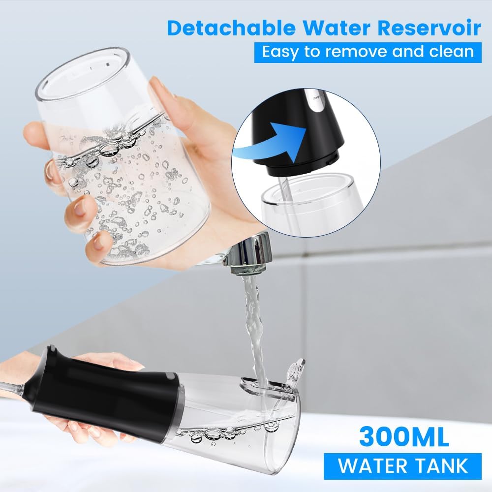 Munddusche Kabellos, 300ml Elektrische Zahndusche 4 Modi &amp; 4 Düsen, Aufladbarer Zahnzwischenraumrein