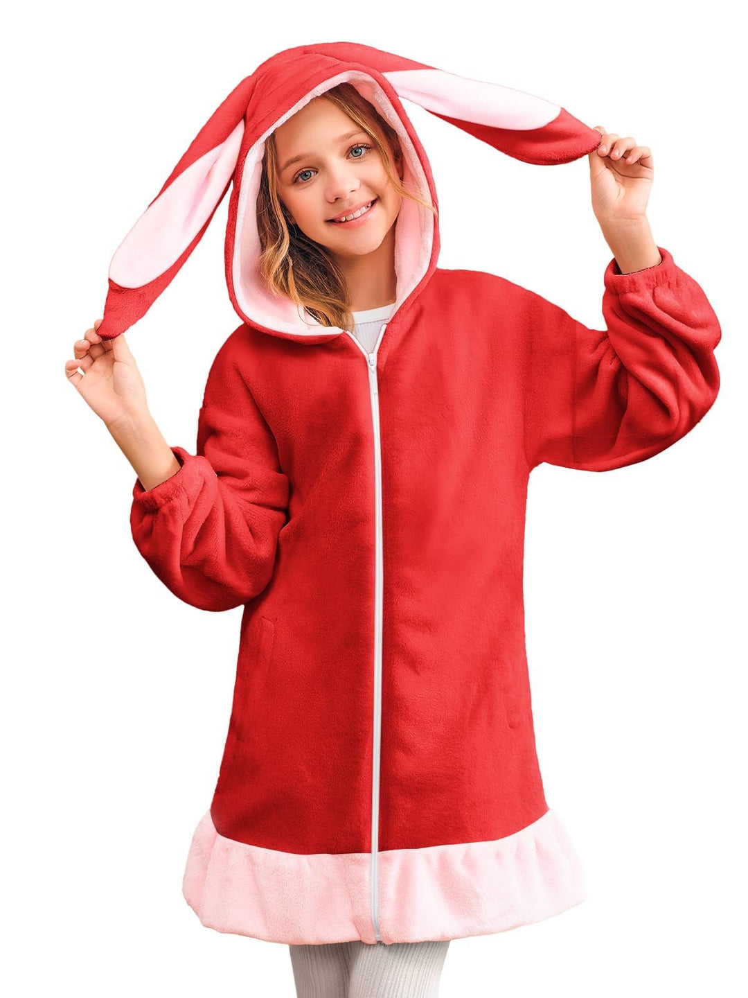 Haloumoning Mädchen Kapuzenjacke Niedlich Fleece Sweatjacke mit Reissverschluss und 2 Taschen Rot 8-