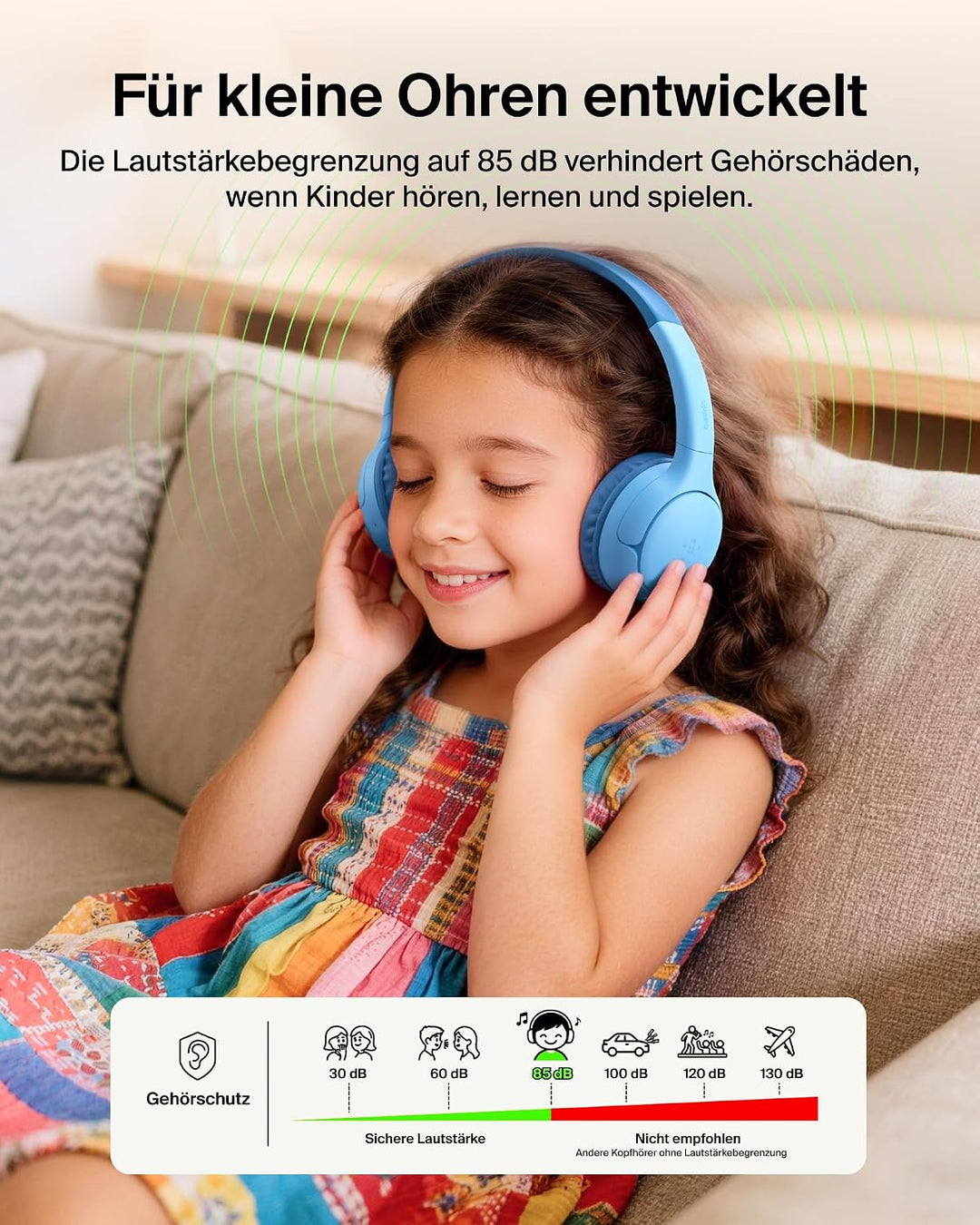 Belkin SoundForm Mini 2 kabelloser On-Ear-Bluetooth-Kopfhörer für Kinder, 55 h Laufzeit, Lautstärkeb