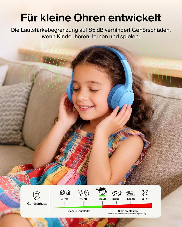 Belkin SoundForm Mini 2 kabelloser On-Ear-Bluetooth-Kopfhörer für Kinder, 55 h Laufzeit, Lautstärkeb